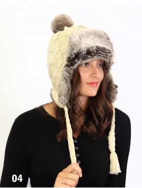 Warm Fur Cable Knitted Hat W/ Ear Flaps & Cable Tassels